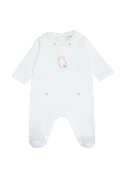 Beyaz Bebe Yaka Çiçek Nakışlı Kız Bebek Tulum