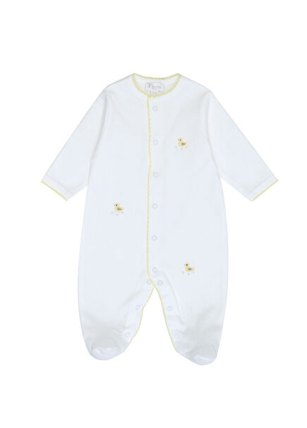 Beyaz Sarı Ördek Nakışlı Unisex Bebek Tulum