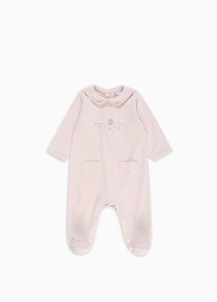 Pembe Nakış Detaylı Bebe Yaka Kız Bebek Tulum