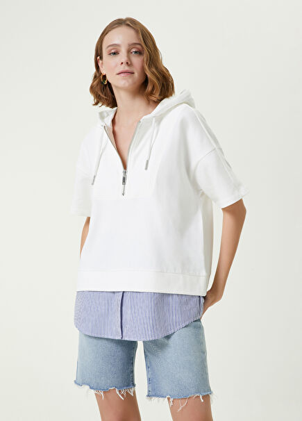White Hooded Shirt Detailed Short Sleeve Sweatshirt