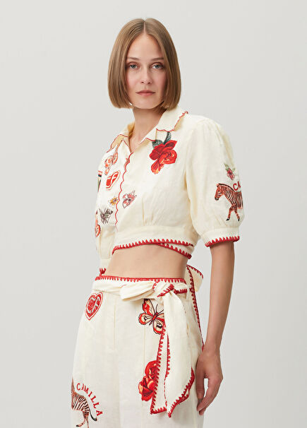 Cream Embroidered Crop Linen Shirt