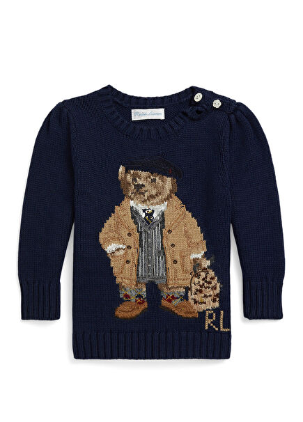 Navy Blue Teddy Bear Jacquard Baby Girl Knitwear
