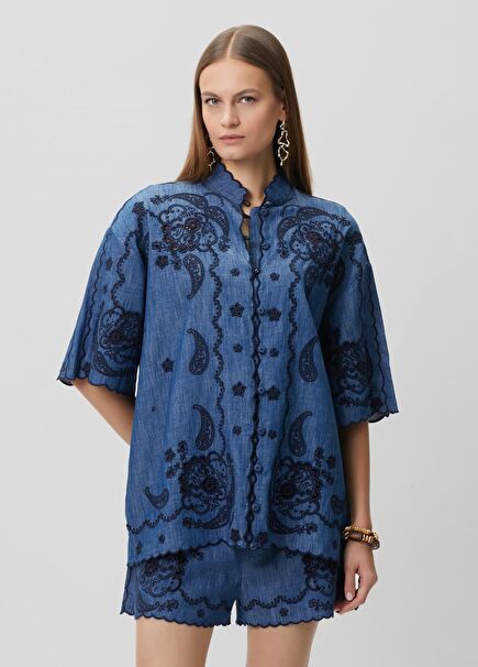 Aster Mavi Nakışlı Denim Gömlek