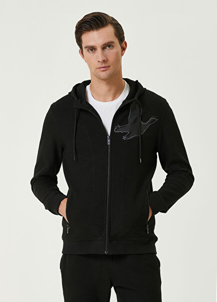 Siyah Kapüşonlu Reflektör Kaz Detaylı Sweatshirt