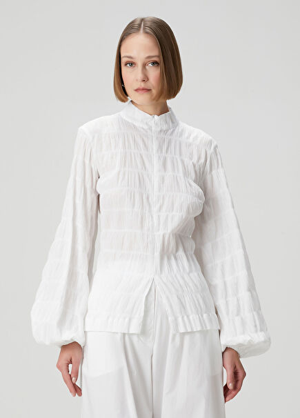 Dalila Beyaz Büzgülü Gömlek