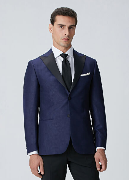 Navy Blue Wool Blend Tuxedo Jacket