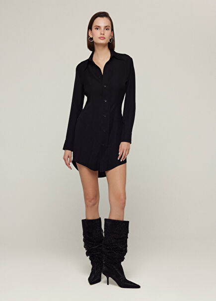Gömlek Yaka Düğmeli Mini Kadın Gömlek Elbise