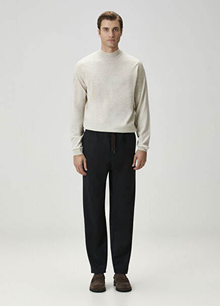 Koyu Lacivert Beli Kordonlu Yün Pantolon