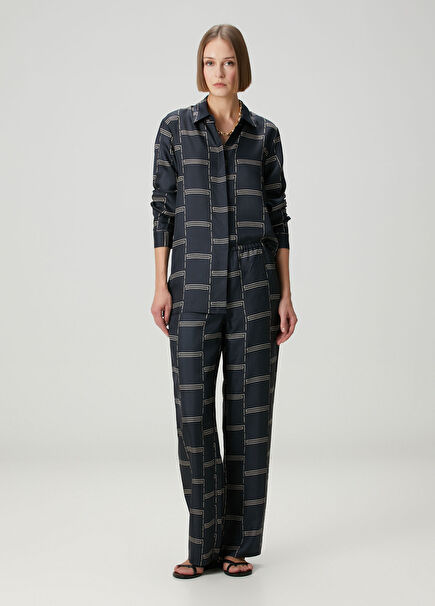 Lacivert Desenli İpek Plaj Pantolonu