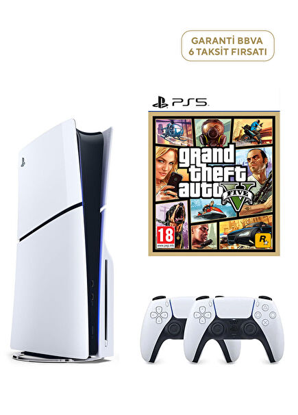 PlayStation 5 1 TB Slim CD Edition Oyun Konsolu + 2. PS5 Kol + PS5 GTA 5 Oyunu