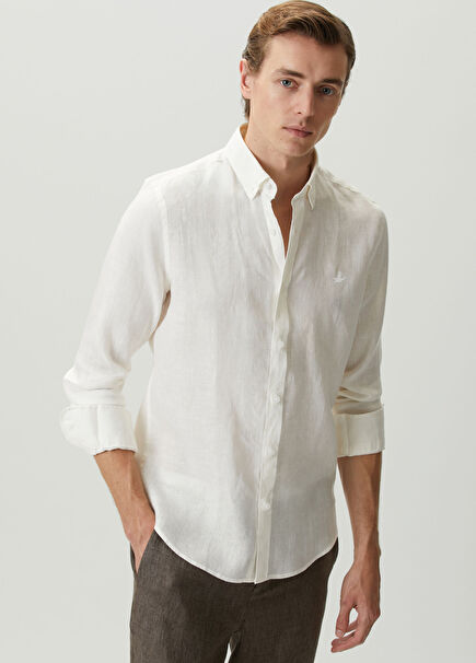 Comfort Fit Linen Shirt With Tonal Embroidery