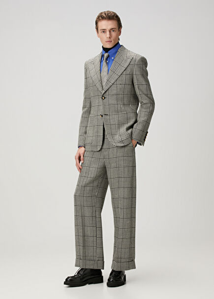 Beige Black Plaid Patterned Wool Trousers