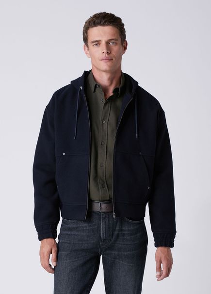 Navy Blue Hooded Diagonal Textured Cachet Jacket