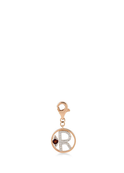 Mini “R” Harfli Charm Pırlanta Kırmızı Garnet Taşlı 14 Ayar Pembe Altın