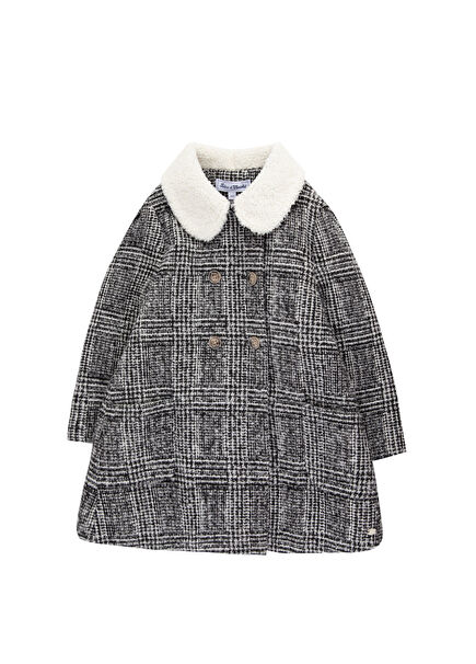 White Collar Checkered Girls' Wool Coat