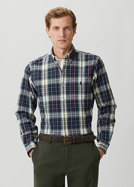 Custom Fit Lacivert Ekose Desenli Oxford Gömlek