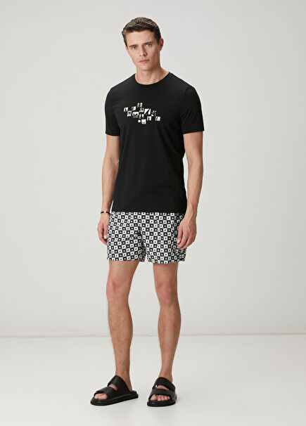 Siyah Beyaz Yelken Dama Desenli Uzun Mayo