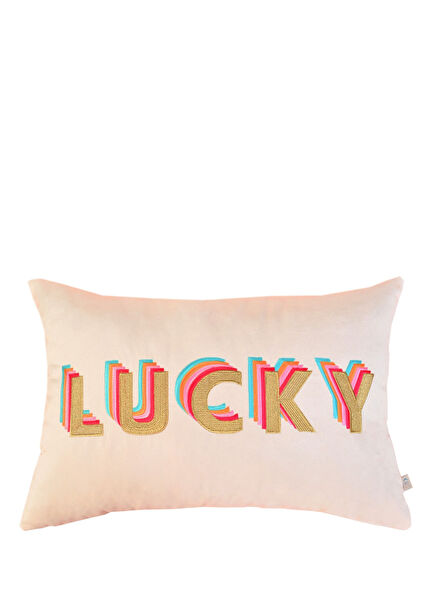 Lucky Desenli Rainbow Serisi Bej Kadife Dekoratif Kırlent Kılıfı 35x50 cm