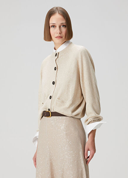 Beige Sequined Linen Cardigan