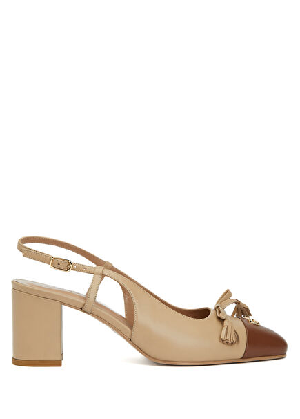 Beige Thick Heeled Women's Leather Shoes