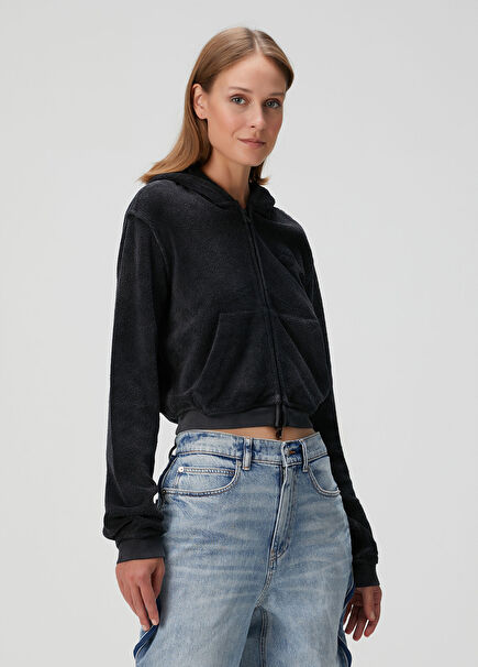 Siyah Kapüşonlu Fermuarlı Sweatshirt