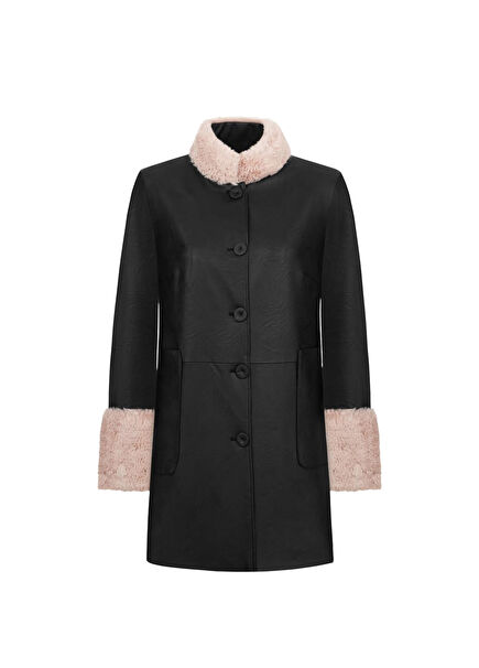 Suki Siyah Deri Kürk Detaylı Kadın Kaban