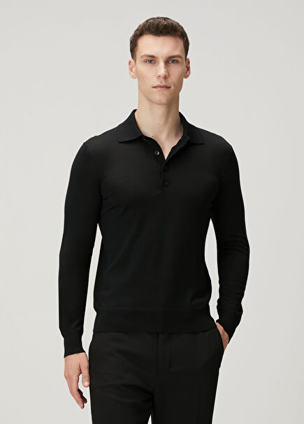 Siyah Polo Yaka Yün Triko