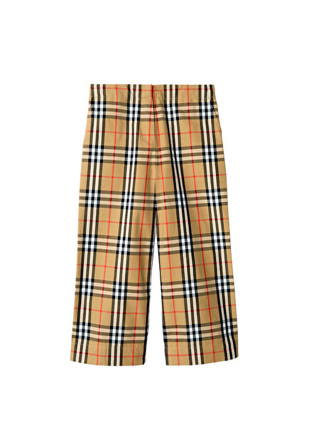 Beige Orla Check Patterned Unisex Kids Wide Leg Trousers