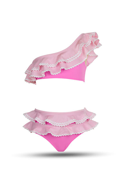 Pink Multi Ruffle and Water Stone Detailed One-Shoulder Girls' Bikini Set