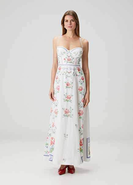 Kunzita White Floral Maxi Linen Dress