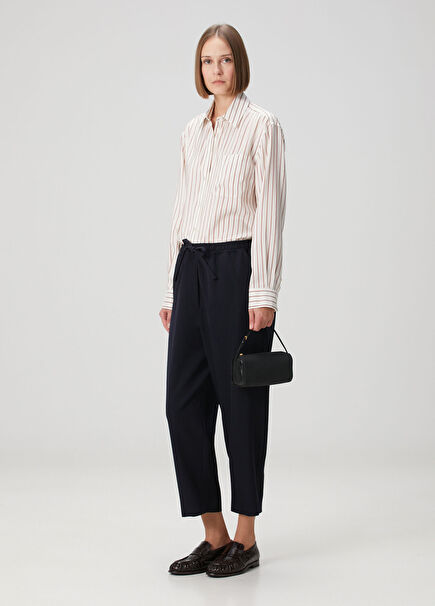 Lacivert Beli Kordonlu Yün Pantolon