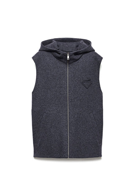 Gri Yün Kaşmir Fermuarlı Kapüşonlu Erkek Yelek