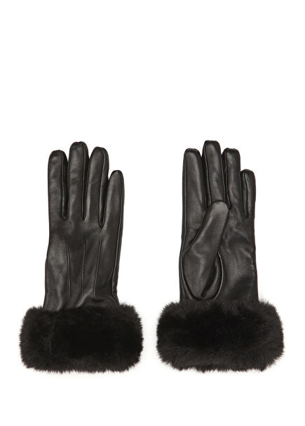 Siyah Kadın Deri Karışımlı Eldiven