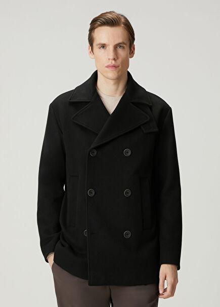 Siyah Yün Kruvaze Kaban