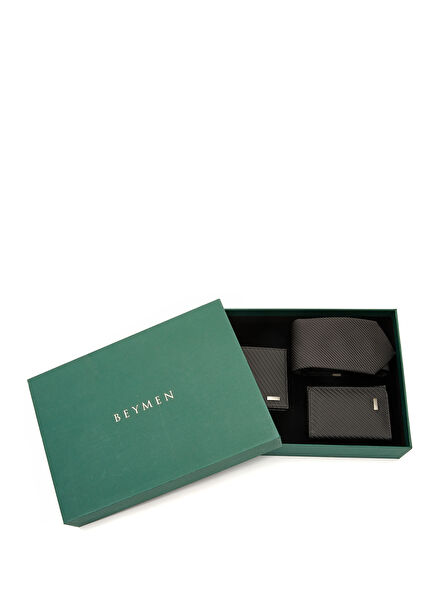 Siyah Örgü Dokulu Deri Aksesuar Hediye Seti