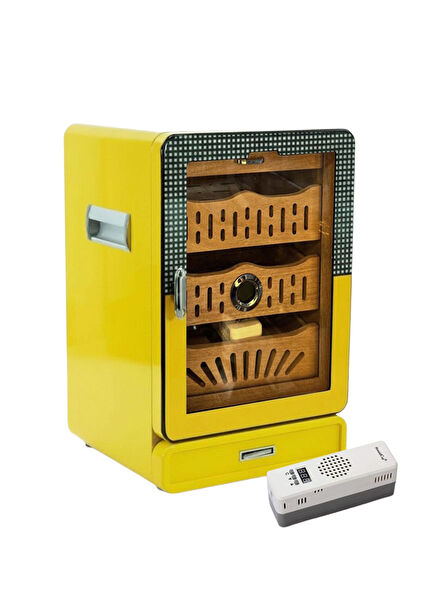 Humidor Yellow Electronic Humidifier Glass 4 Drawer Cigar Box