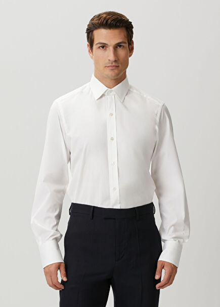 Slim Fit Beyaz Stretch Poplin Gömlek