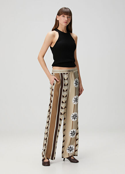 Bej Desenli İpek Pantolon
