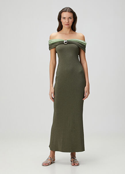 Sendai Khaki Glitter Maxi Evening Dress