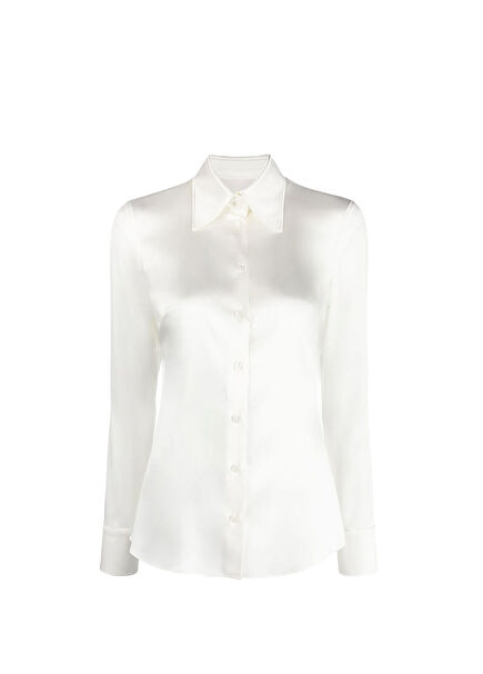 Kırık Beyaz İpek Saten Uzun Kollu Kadın Gömlek