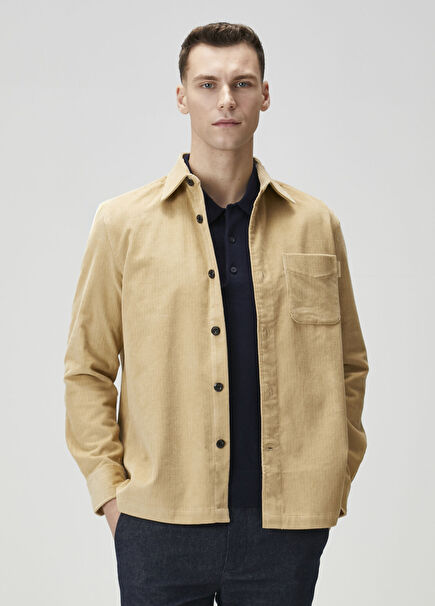 Relaxed Fit Bej Kadife Gömlek