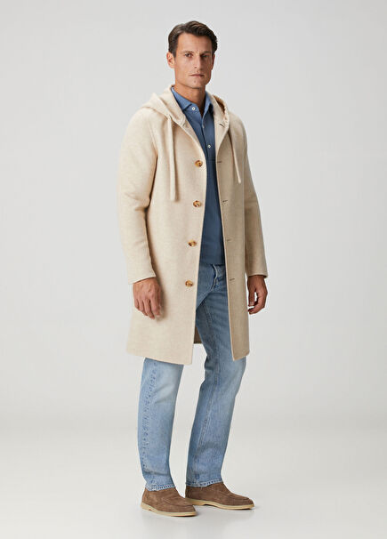 Beige Hooded Wool Coat
