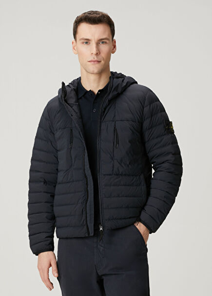 Lacivert Kapüşonlu Puff Mont