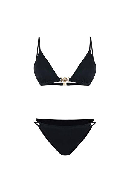 Shellune Black V-Neck Triangle Women's Bikini Set with Gold Seashell Accessories