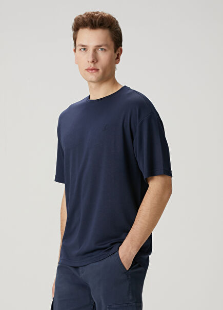 Lacivert Logo Nakışlı Oversized T-shirt