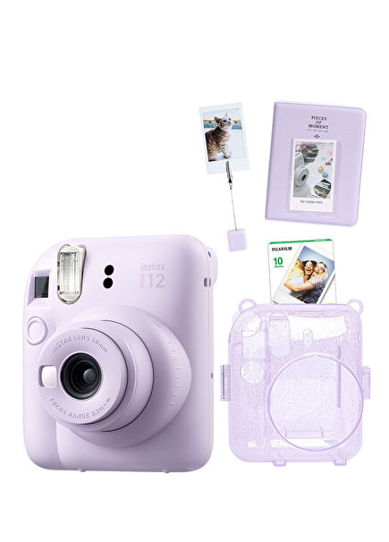 Instax Mini 12 Lila Fotoğraf Makinesi + 10’lu Film Kıskaçlı Stand PVC Albüm ve Simli Pleksi Kılıflı