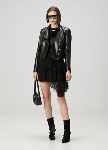 Siyah Asimetrik Mini Dantel Etek