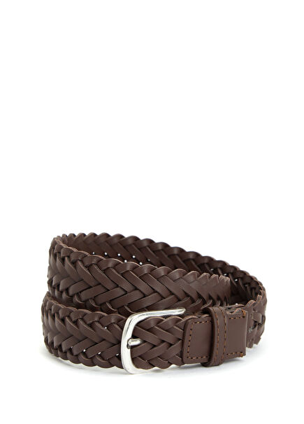 Kahverengi Örgü Dokulu Erkek Çocuk Deri Kemer