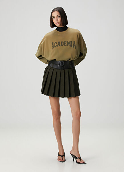 Haki Çift Kemerli Mini Yün Etek