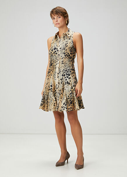 Bej Leopar Desenli Mini Keten Elbise